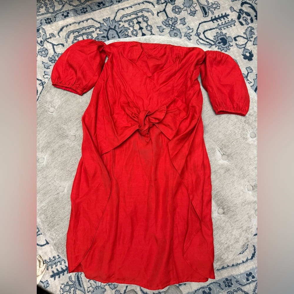 LPA The Label Dress 146 red tie front off shoulder puff sleeve linen viscose S - Picture 3 of 11
